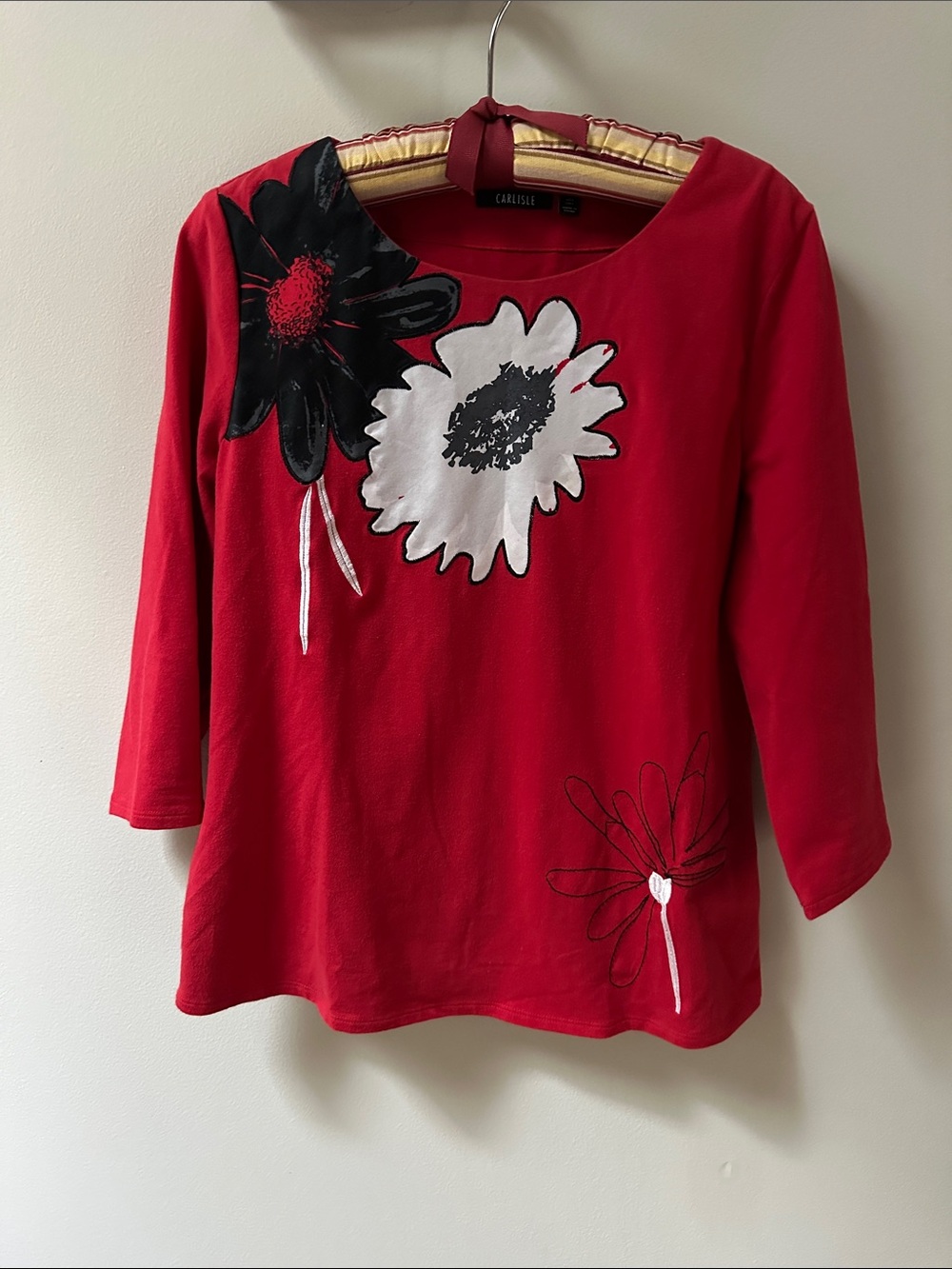 Carlisle Red 3/4 Sleeve Top with Black & White Floral Accents